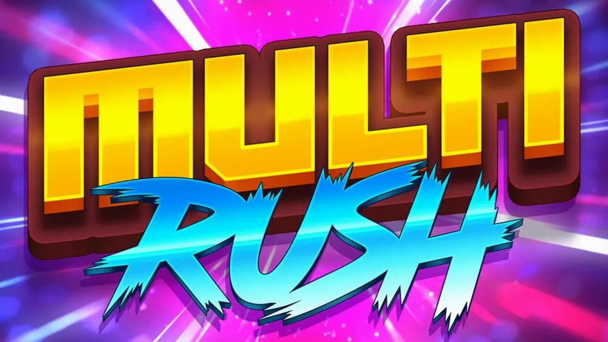 Tampilan visual neon retro dari slot Multi Rush dengan simbol buah dan Lucky 7