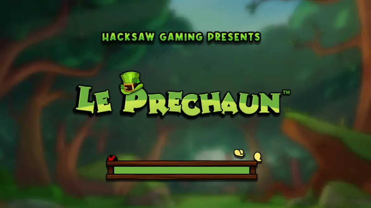 Rakun pemarah dengan kostum Irlandia di depan grid slot Le Prechaun