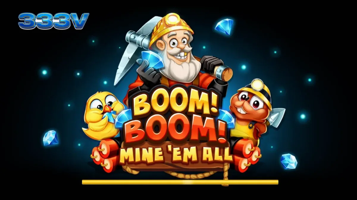 Tampilan visual slot Boom! Boom! Mine ‘Em All dengan tema pertambangan yang intens